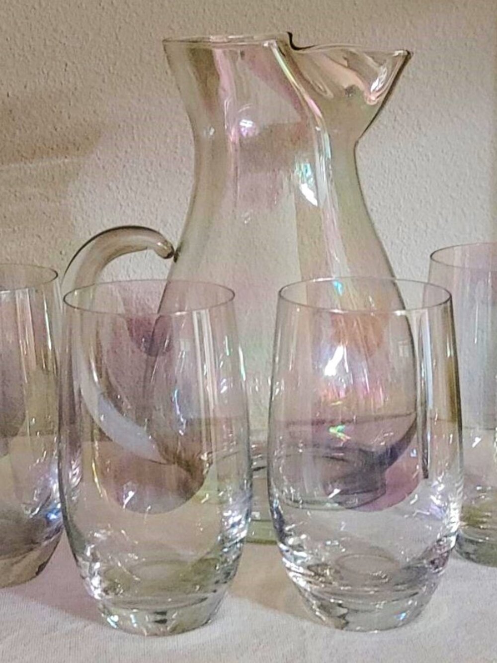 Vtg. Iridescent Aurora Borealis Glass Pitcher 80 Oz & 4 Tumblers 18 Oz 5 Pc Set